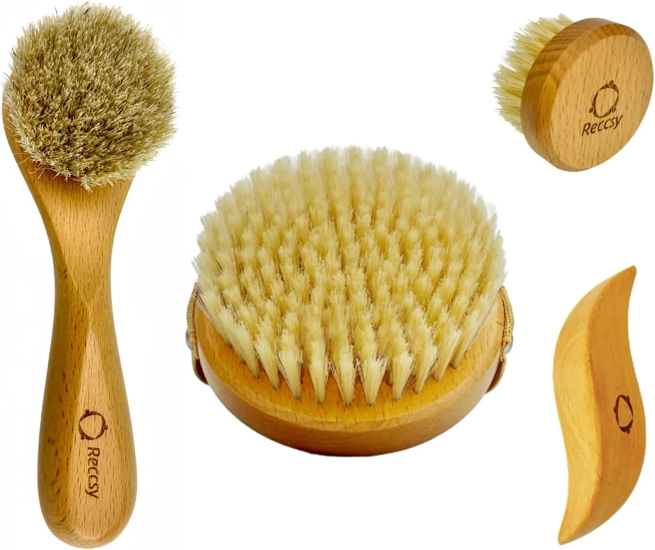 4pcs Dry Brushing Body Brush Set for Lymphatic Drainage-Natural Bristle Dry Skin Brush  Facial Dry Brush for Face Dry Skin Exfoliating Scrubber Wood Therapy Massage Tool. Gua Sha, Anti-Cellulite.