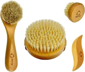 4pcs Dry Brushing Body Brush Set for Lymphatic Drainage-Natural Bristle Dry Skin Brush  Facial Dry Brush for Face Dry Skin Exfoliating Scrubber Wood Therapy Massage Tool. Gua Sha, Anti-Cellulite.