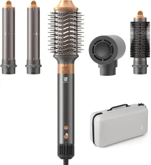 5 in 1 Hot Air Brush Hair Dryer Air Styler - 110,000 RPM Fast Drying, Curling, Straightening with Ceramic Coating & Negative Ion, No Heat Damage for All Hair Types, Includes Travel Case