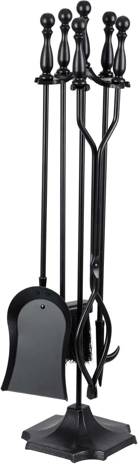 5 Pieces Fireplace Tools Sets Indoor Outdoor Wrought Iron Large Fire Place Set Tools, Fire Pit Tools with Poker Shovel Tongs Brush and Stand, Black