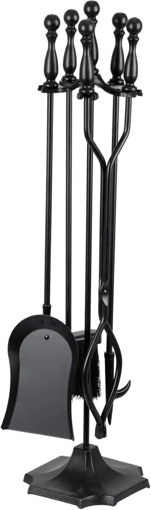 5 Pieces Fireplace Tools Sets Indoor Outdoor Wrought Iron Large Fire Place Set Tools, Fire Pit Tools with Poker Shovel Tongs Brush and Stand, Black