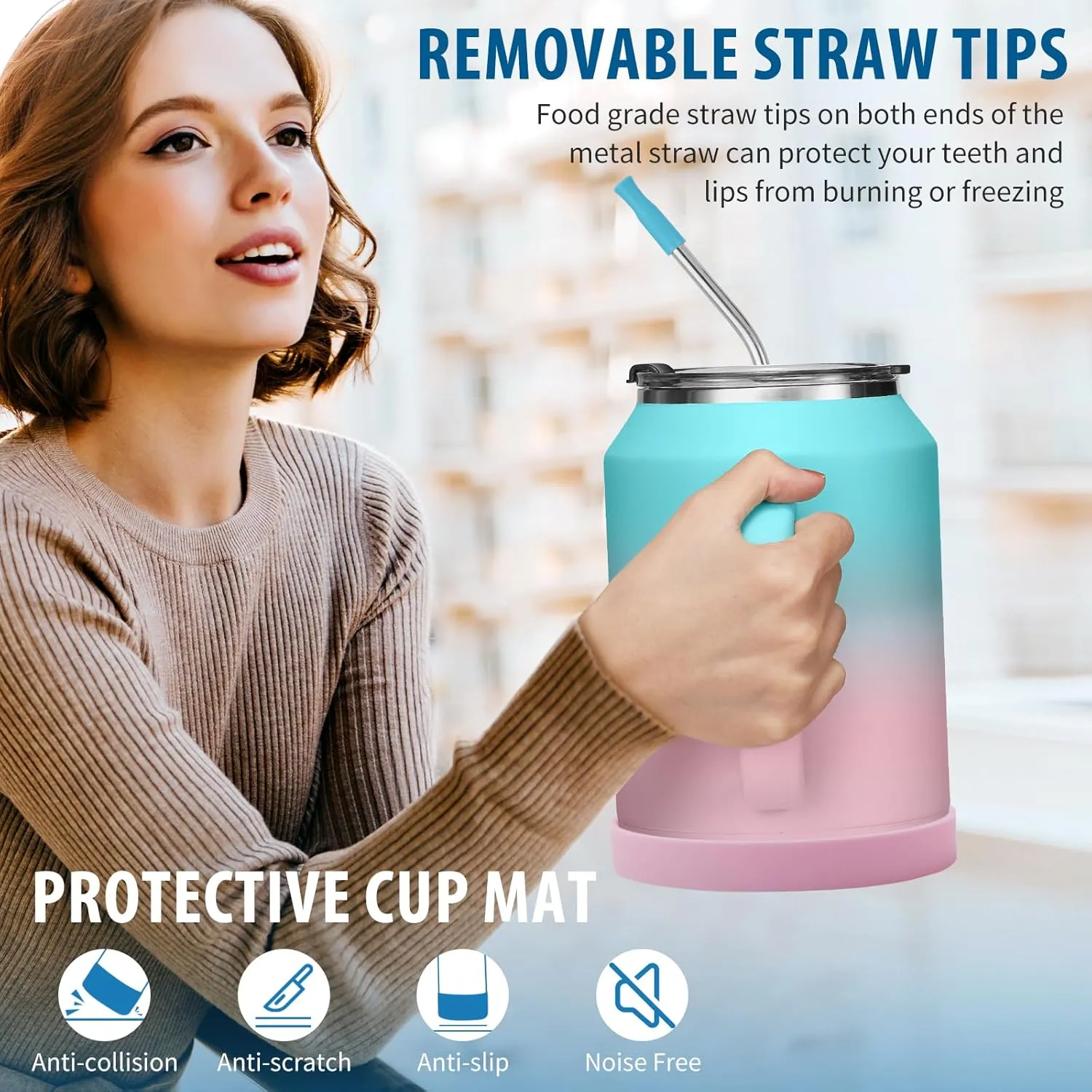 50 oz Mug Tumbler with Handle and Straw - 2-in-1 Lid, Silicone Water Bottle Boot, Stainless Steel Coffee Mugs, Double Wall Insulated Water Cup Keep Cold-36H Hot-24H, 50oz Large Tumbler Jug