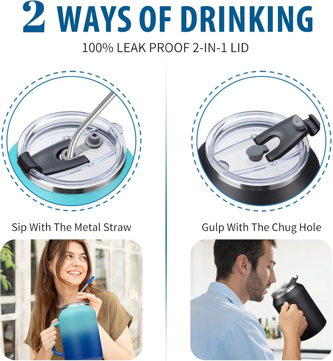 50oz Insulated Mug Tumbler with Handle - Keep Cold-36h & Hot-24h, Stainless Steel Water Jug 50 oz Coffee Mugs with Straw & Spout Lid, Wide Mouth Metal Water Bottle Camping Flask Hospital Cup Travel