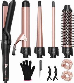 5 in 1 Curling Iron with Thermal Brush and 4 Interchangeable Ceramic Barrels(0.35"-1.5"), Curling Wand Set with Flat Iron, Fast Heating, Dual Voltage Hair Curler, Gifts for Women