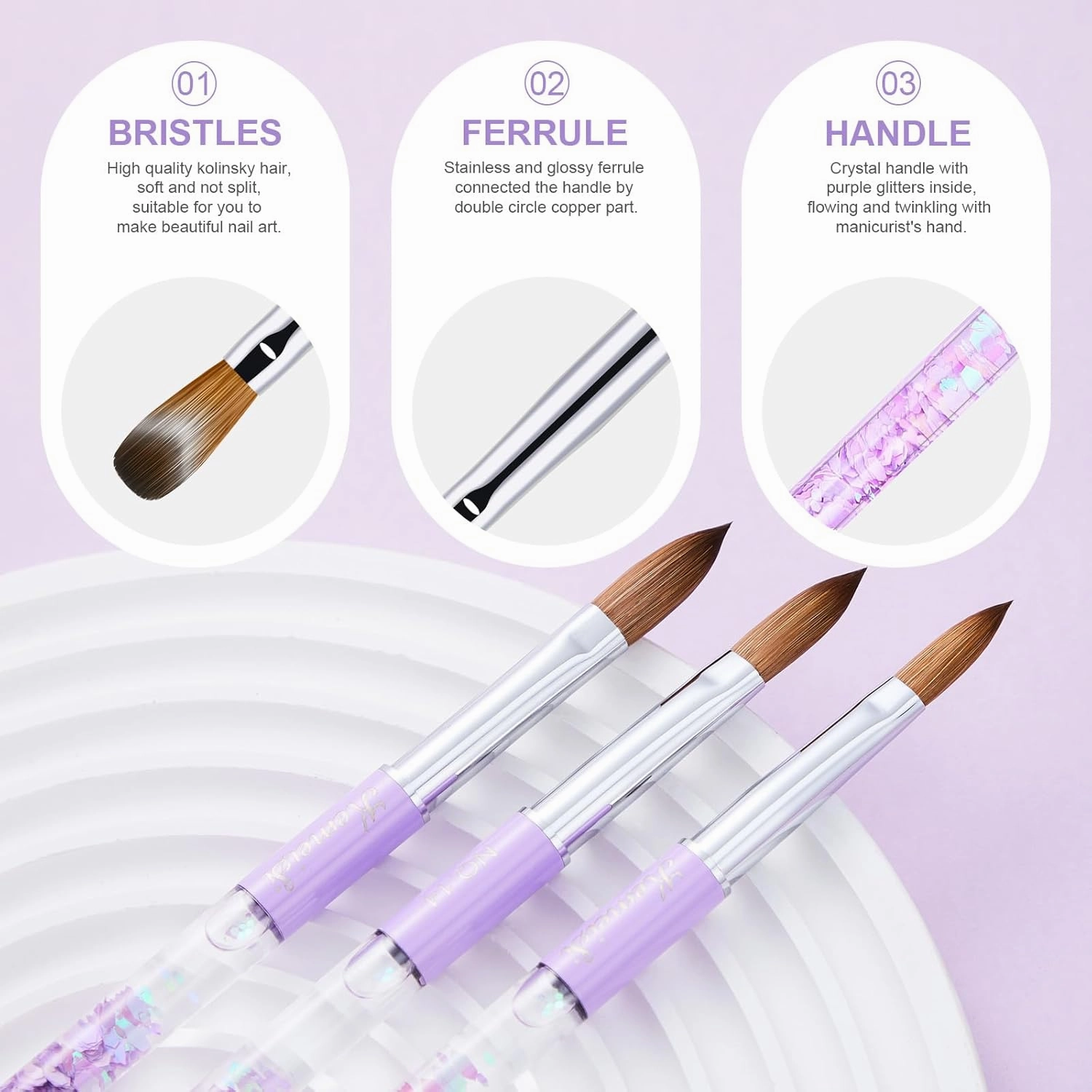 5PCS Acrylic Nail Brush Set, Sizes 06/08/10/14/16 Kolinsky Art Brushes for Application, Sturdy Handle Oval Shaped Powder Design Tools for Professional Manicure DIY