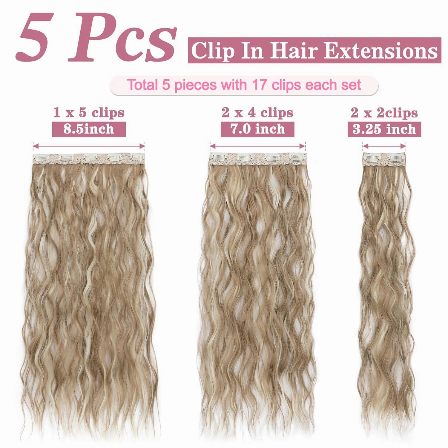 5PCS Clip in Hair Extensions,24 inch Long Loose Waves Curly Hair Extensions Natural Soft Lace Weft Seamless Clip-Ins Synthetic Hairpieces for Women 16P613