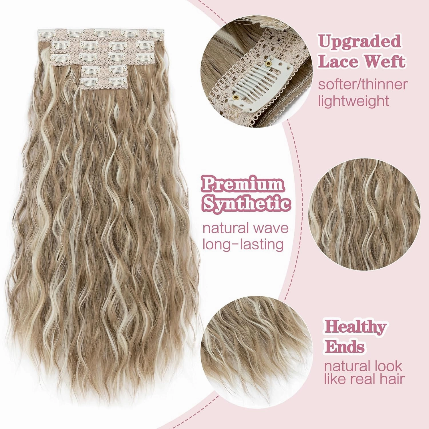 5PCS Clip in Hair Extensions,24 inch Long Loose Waves Curly Hair Extensions Natural Soft Lace Weft Seamless Clip-Ins Synthetic Hairpieces for Women 16P613