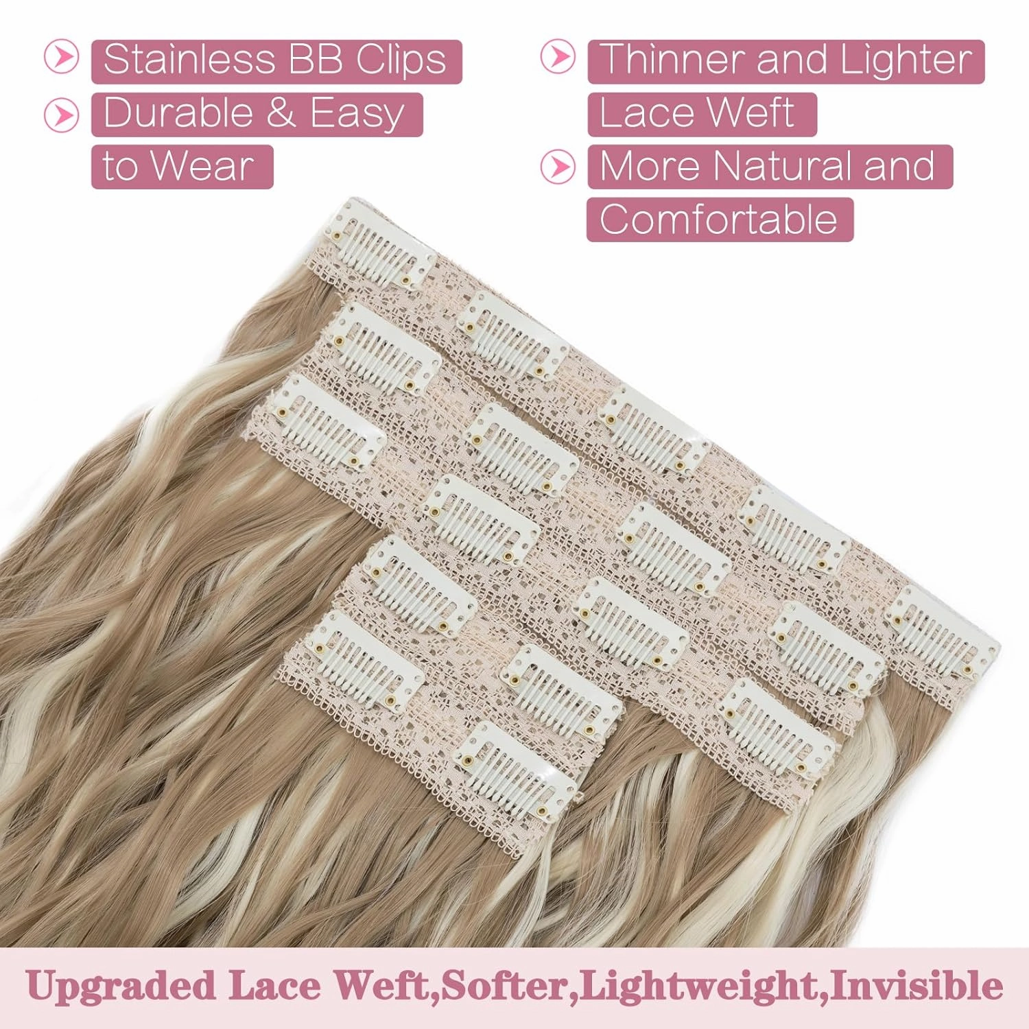 5PCS Clip in Hair Extensions,24 inch Long Loose Waves Curly Hair Extensions Natural Soft Lace Weft Seamless Clip-Ins Synthetic Hairpieces for Women 16P613