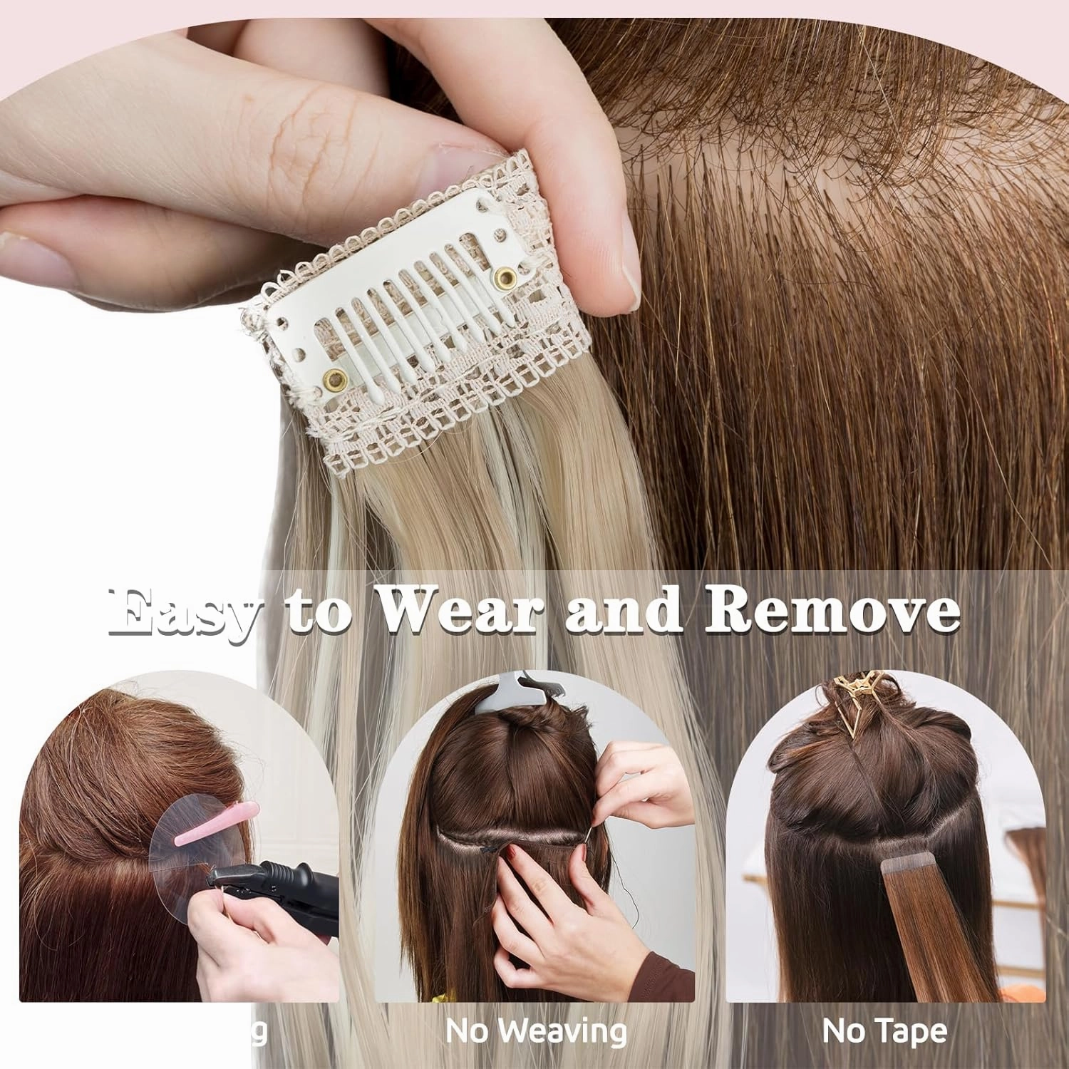 5PCS Clip in Hair Extensions,24 inch Long Loose Waves Curly Hair Extensions Natural Soft Lace Weft Seamless Clip-Ins Synthetic Hairpieces for Women 16P613