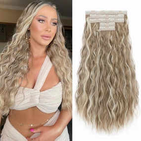 5PCS Clip in Hair Extensions,24 inch Long Loose Waves Curly Hair Extensions Natural Soft Lace Weft Seamless Clip-Ins Synthetic Hairpieces for Women 16P613