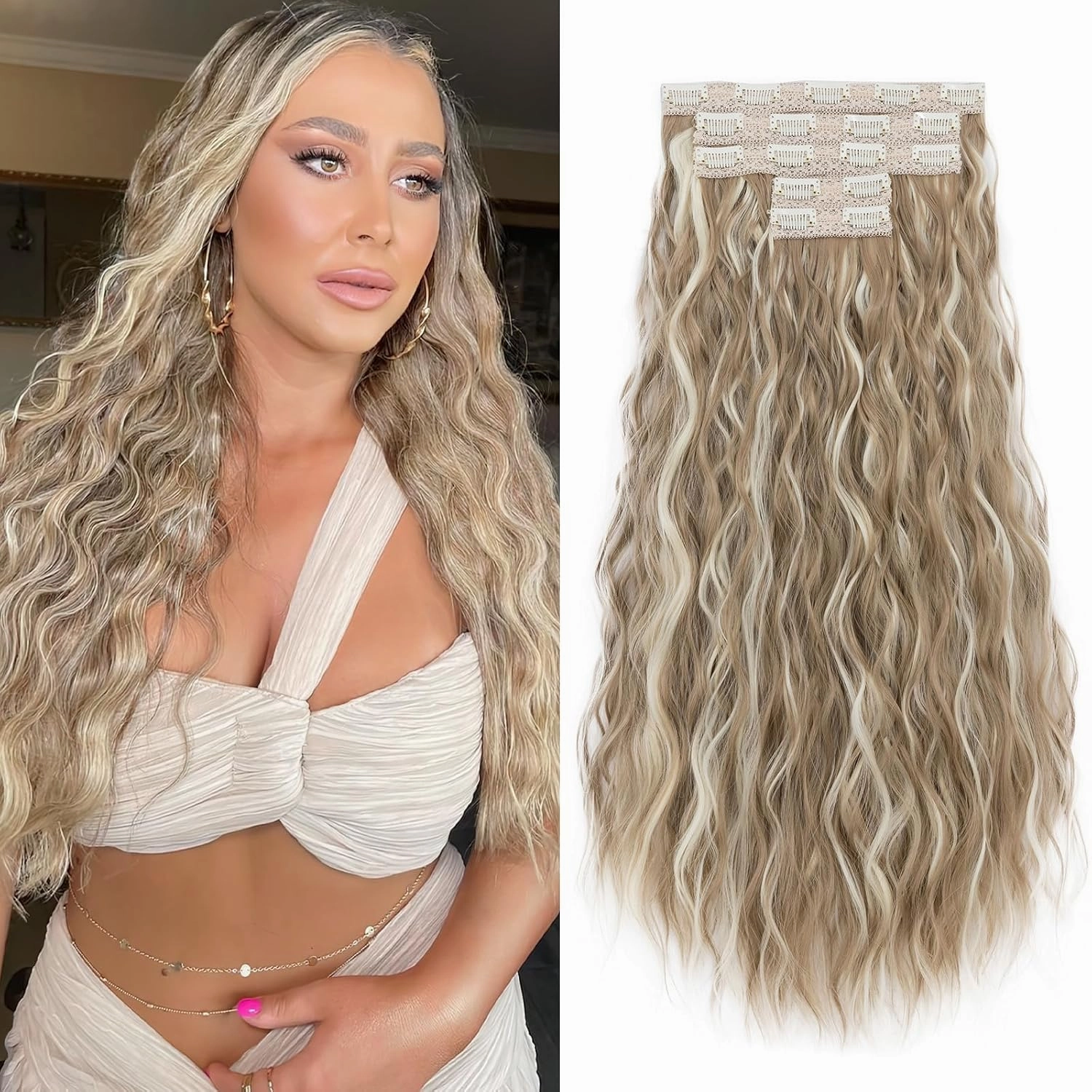 5PCS Clip in Hair Extensions,24 inch Long Loose Waves Curly Hair Extensions Natural Soft Lace Weft Seamless Clip-Ins Synthetic Hairpieces for Women 16P613