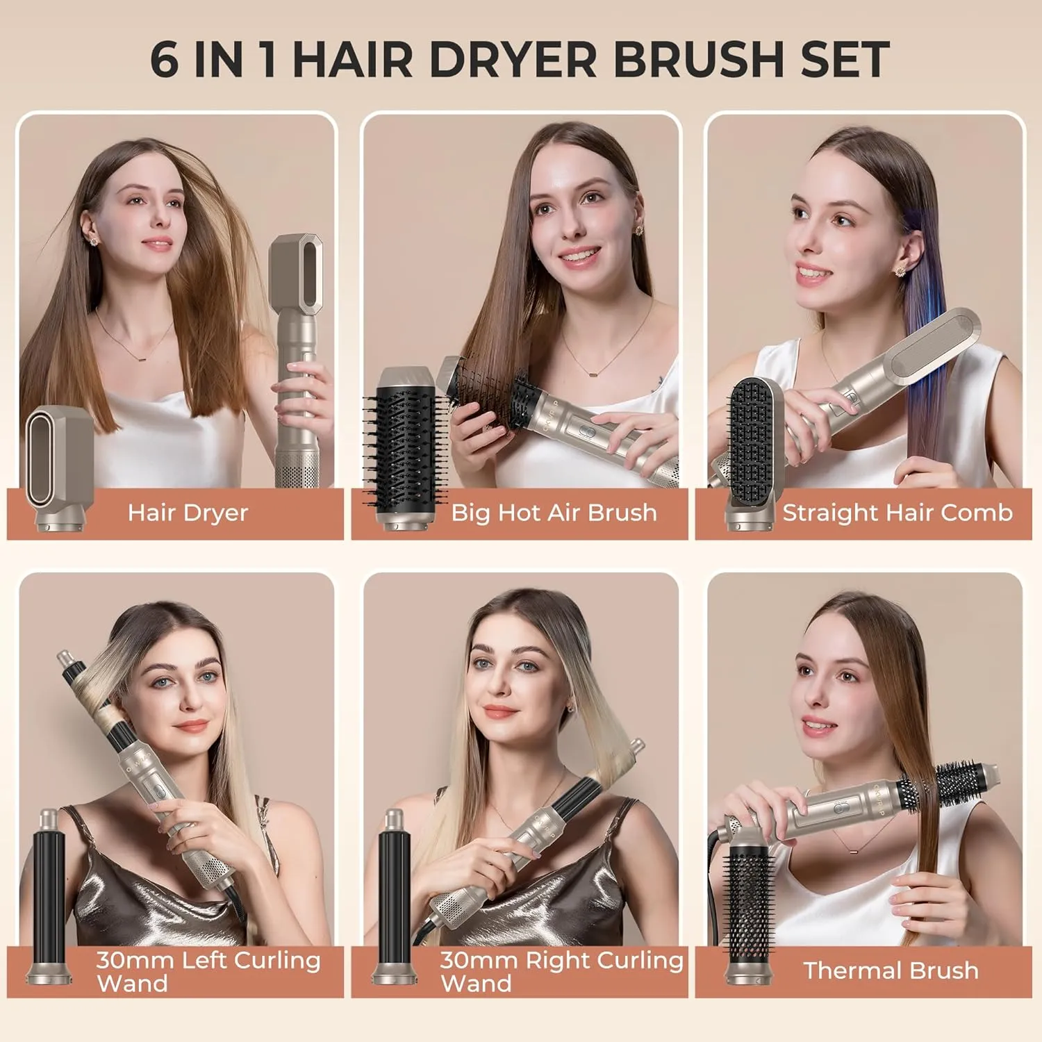 6 in ONE Blow Dryer Brush,Air Curling Iron Round Brush for Blow Out 1000W,Ionic Hair Dryer Brush for Women, Blowout Brush Air Styler Curler