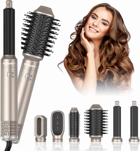 6 in 1 Blow Dryer Brush 60000RPM Hair Dryer Brush for Women Hair Styling Tools Set Ionic Brush Blow Dryer Round Hot Air Brush Left&Right Air Curler Wand for Drying Curling Straightening Voluming Gold
