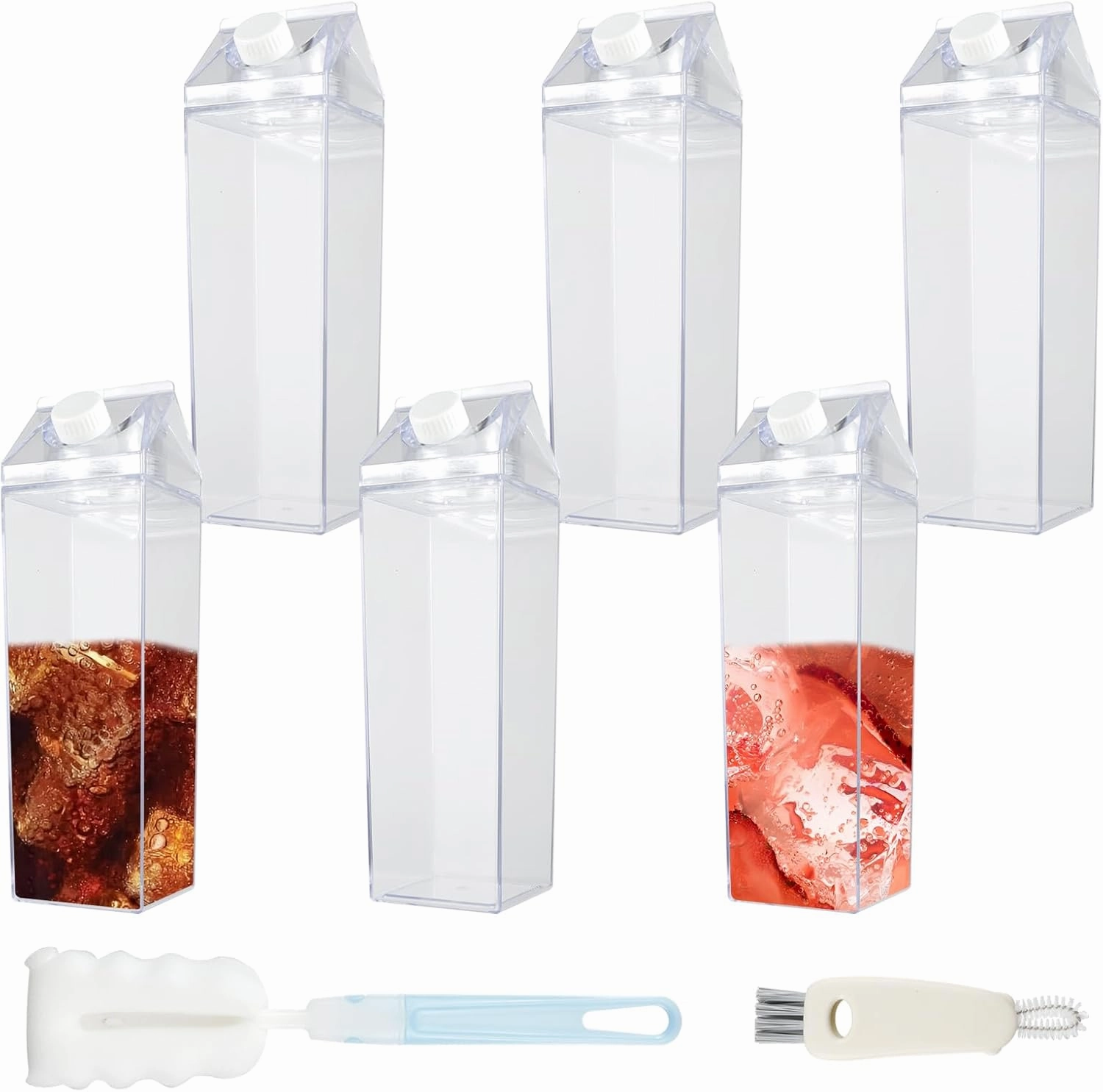6 pack 35oz Milk Carton Water Bottles with Cleaning Brush, BPA Free Clear Square Bottles, Juice Containers for Outdoor Sports Travel Camping School Home Activities