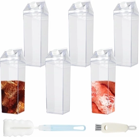 6 pack 35oz Milk Carton Water Bottles with Cleaning Brush, BPA Free Clear Square Bottles, Juice Containers for Outdoor Sports Travel Camping School Home Activities