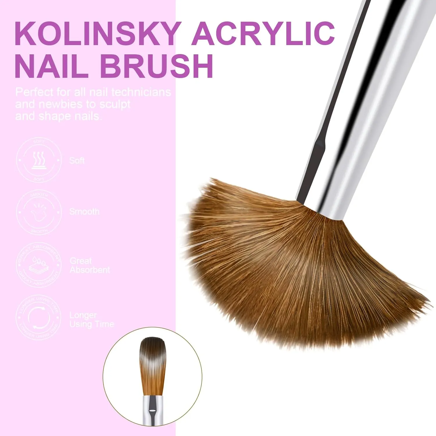 6PCS Kolinsky Nail Art Brush Set, 4/8/10/12/14/16. Oval Shaped Acrylic Powder Nail Design Tools for Professional Manicure DIY Home