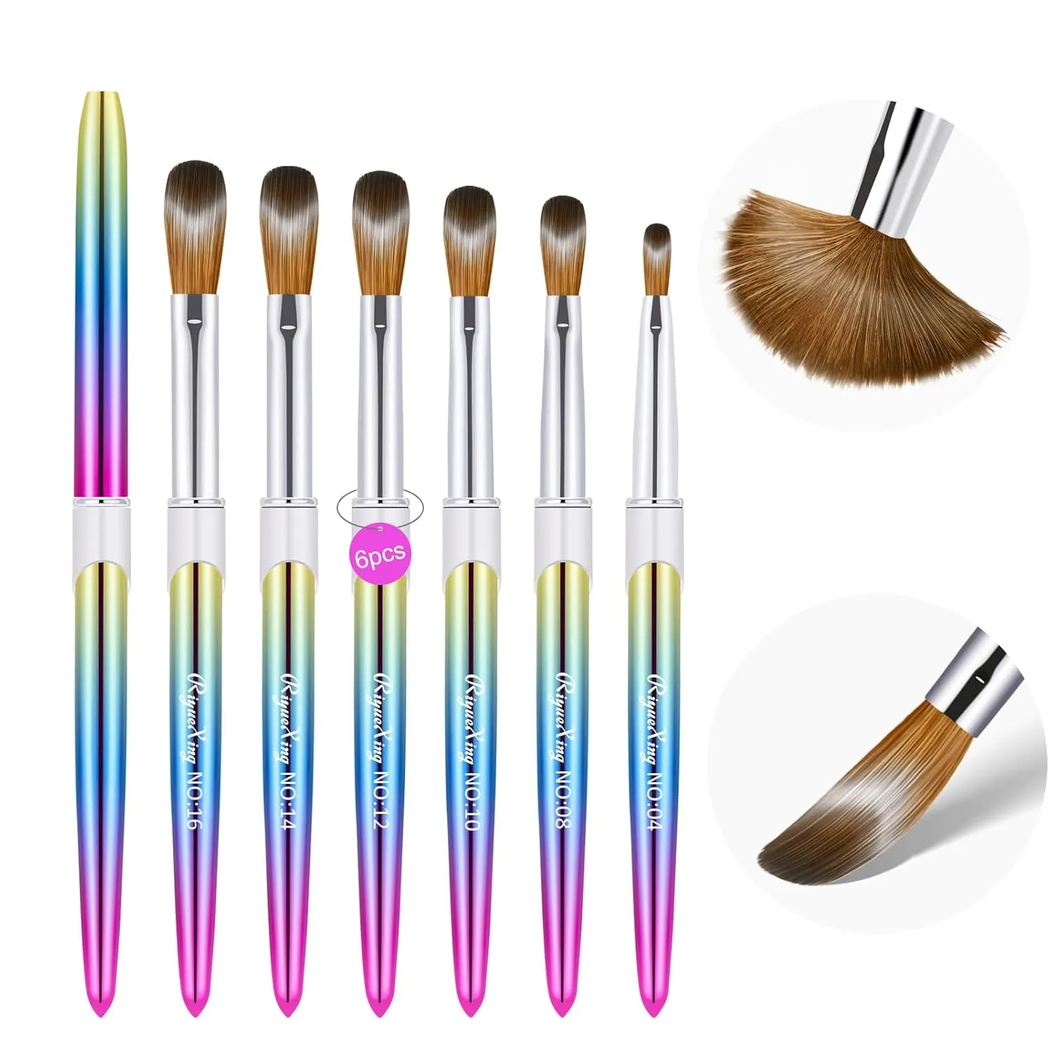 6PCS Kolinsky Nail Art Brush Set, 4/8/10/12/14/16. Oval Shaped Acrylic Powder Nail Design Tools for Professional Manicure DIY Home