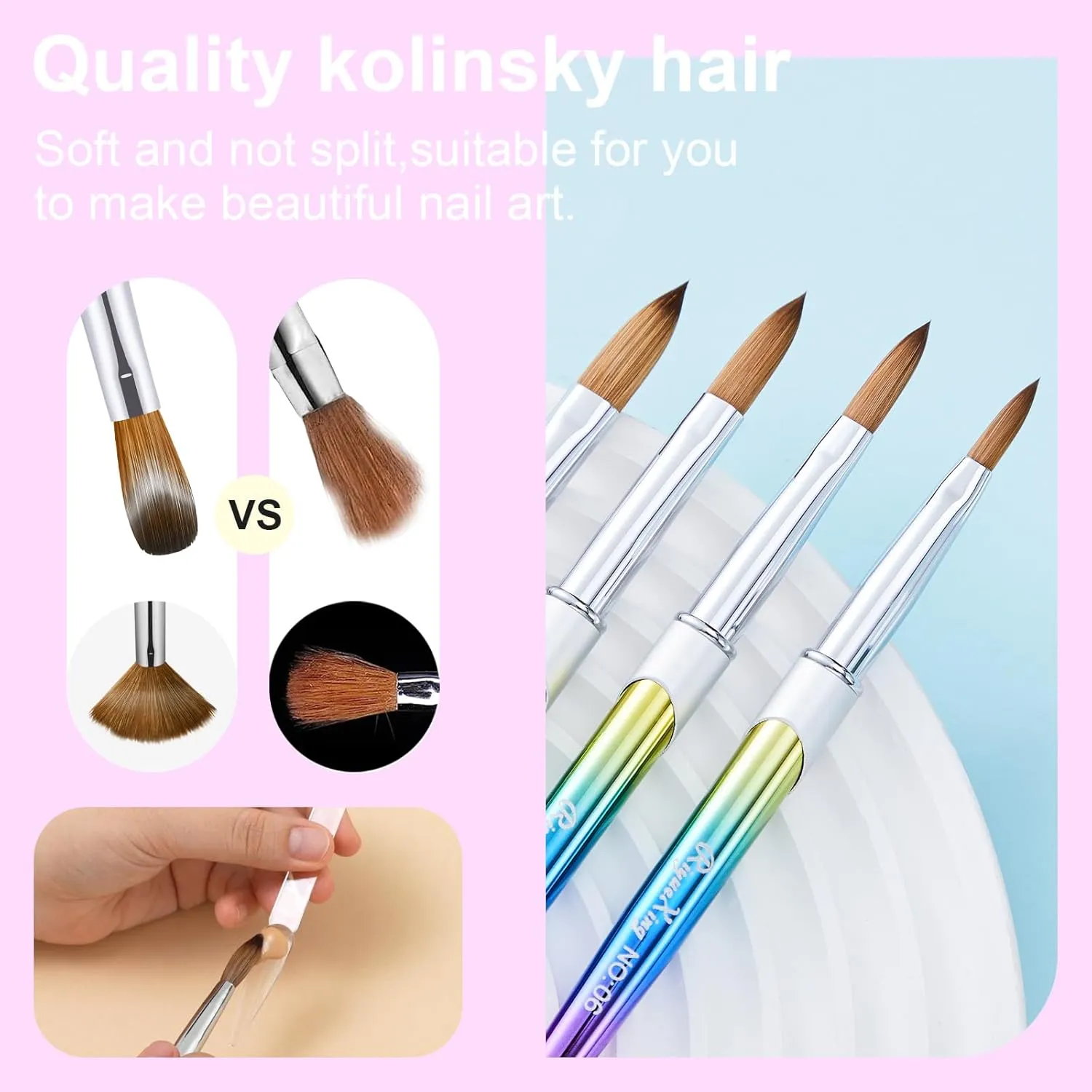 6PCS Kolinsky Nail Art Brush Set, 4/8/10/12/14/16. Oval Shaped Acrylic Powder Nail Design Tools for Professional Manicure DIY Home