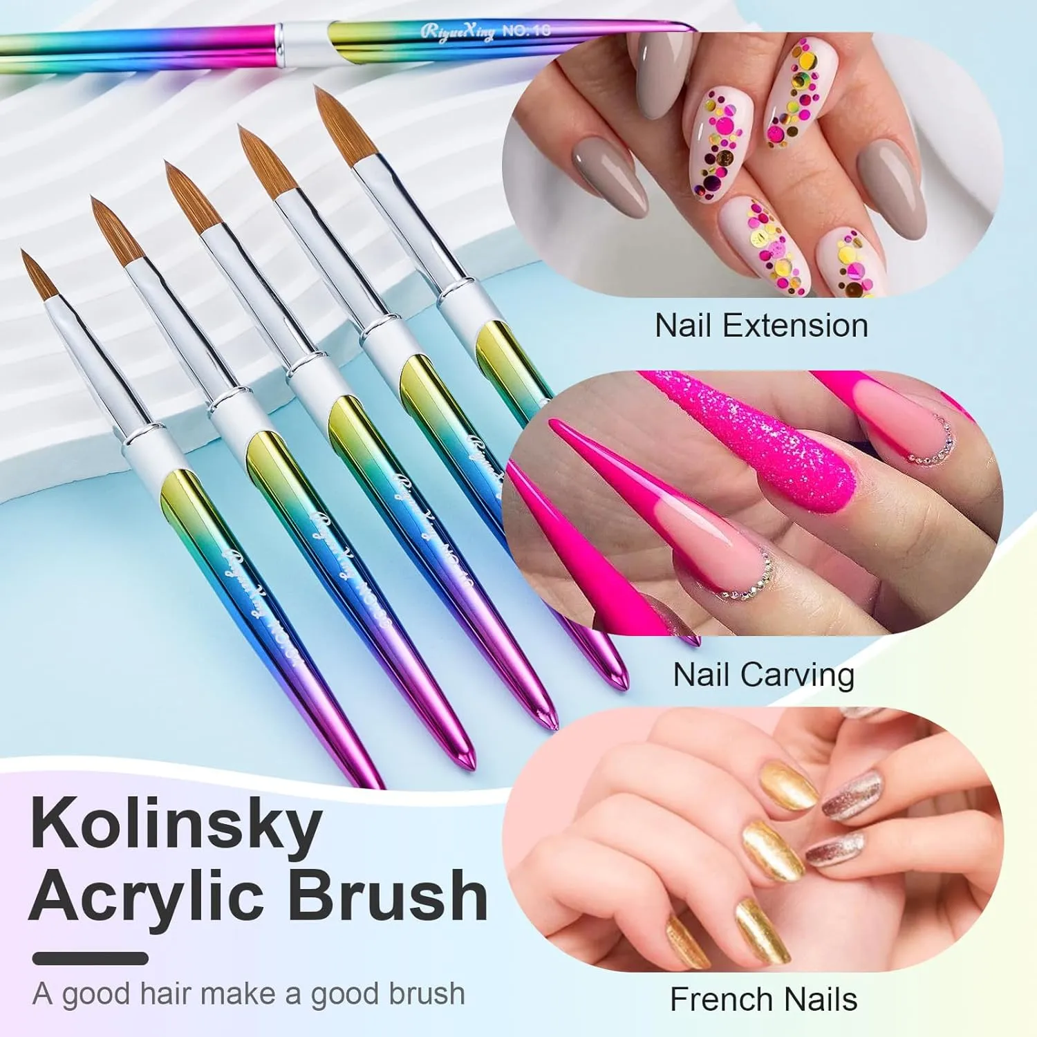 6PCS Kolinsky Nail Art Brush Set, 4/8/10/12/14/16. Oval Shaped Acrylic Powder Nail Design Tools for Professional Manicure DIY Home