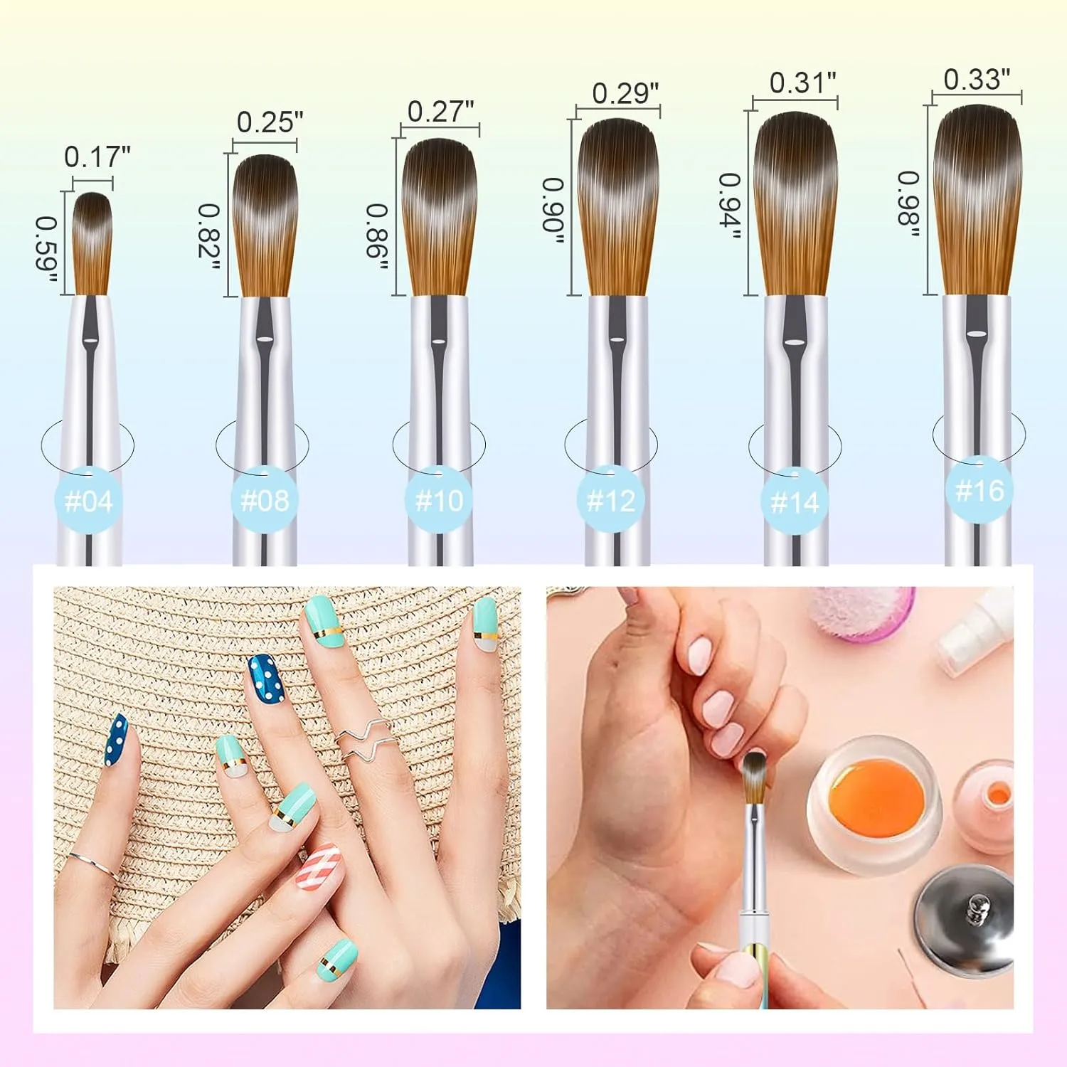 6PCS Kolinsky Nail Art Brush Set, 4/8/10/12/14/16. Oval Shaped Acrylic Powder Nail Design Tools for Professional Manicure DIY Home