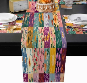 70 Inches Table Runner with 6 Placemats, Blooming Flowers Vintage Rectangular Stitching Table Runner and Placemat Set, Cotton Linen Table Mat Sets for Party Holiday Dinner Table Decoration