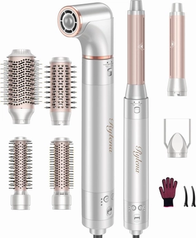 8-in-1 Air Styler Pro & Hair Dryer Brush for Dry/Curl/Smooth/Volumize, Frizz-Free High-Speed 110,000 RPM Blow Dryer Brush, Ionic Care, Auto Curlers, 4 Over/Round Brush, Concentrator, White