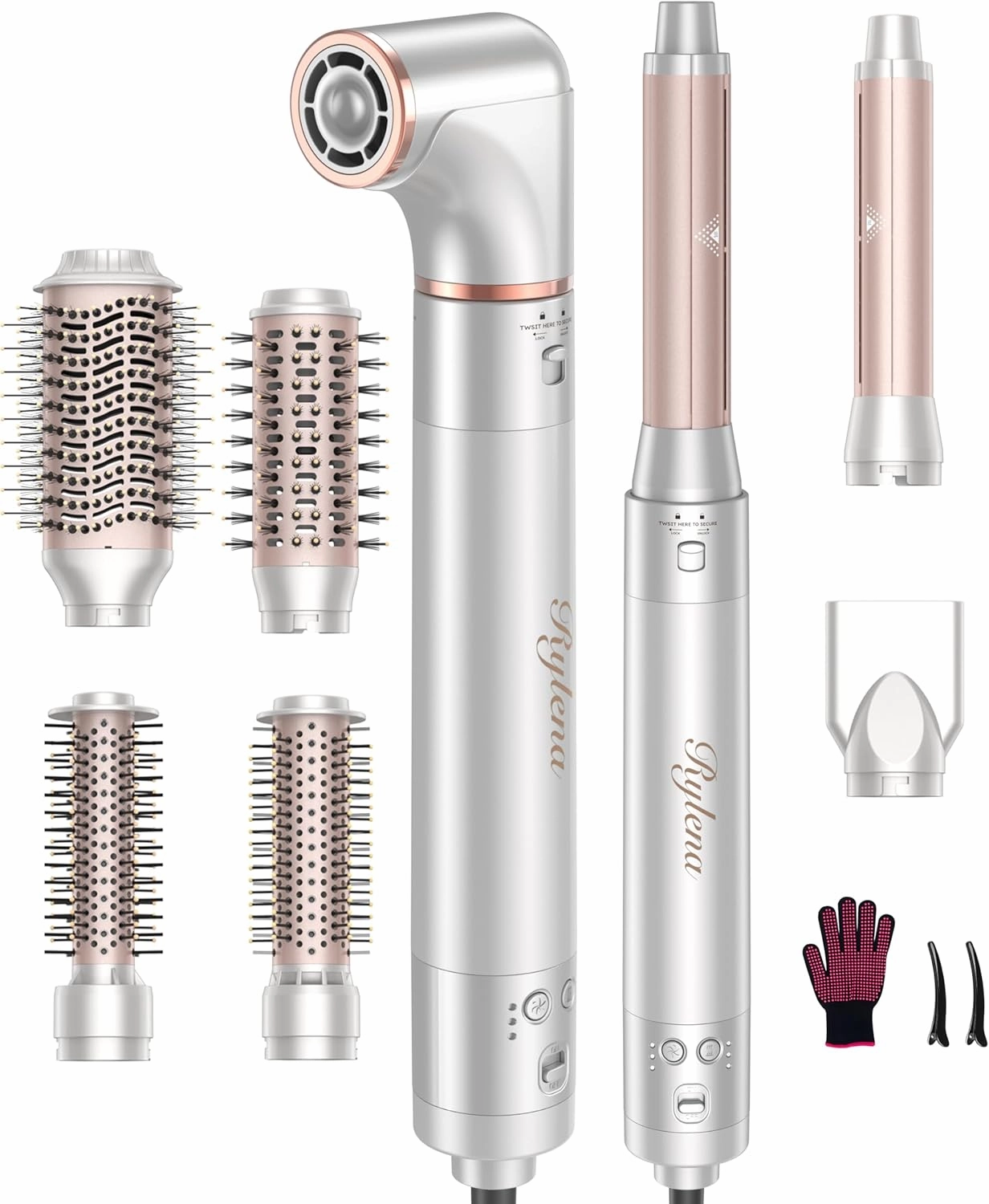 8-in-1 Air Styler Pro & Hair Dryer Brush for Dry/Curl/Smooth/Volumize, Frizz-Free High-Speed 110,000 RPM Blow Dryer Brush, Ionic Care, Auto Curlers, 4 Over/Round Brush, Concentrator, White