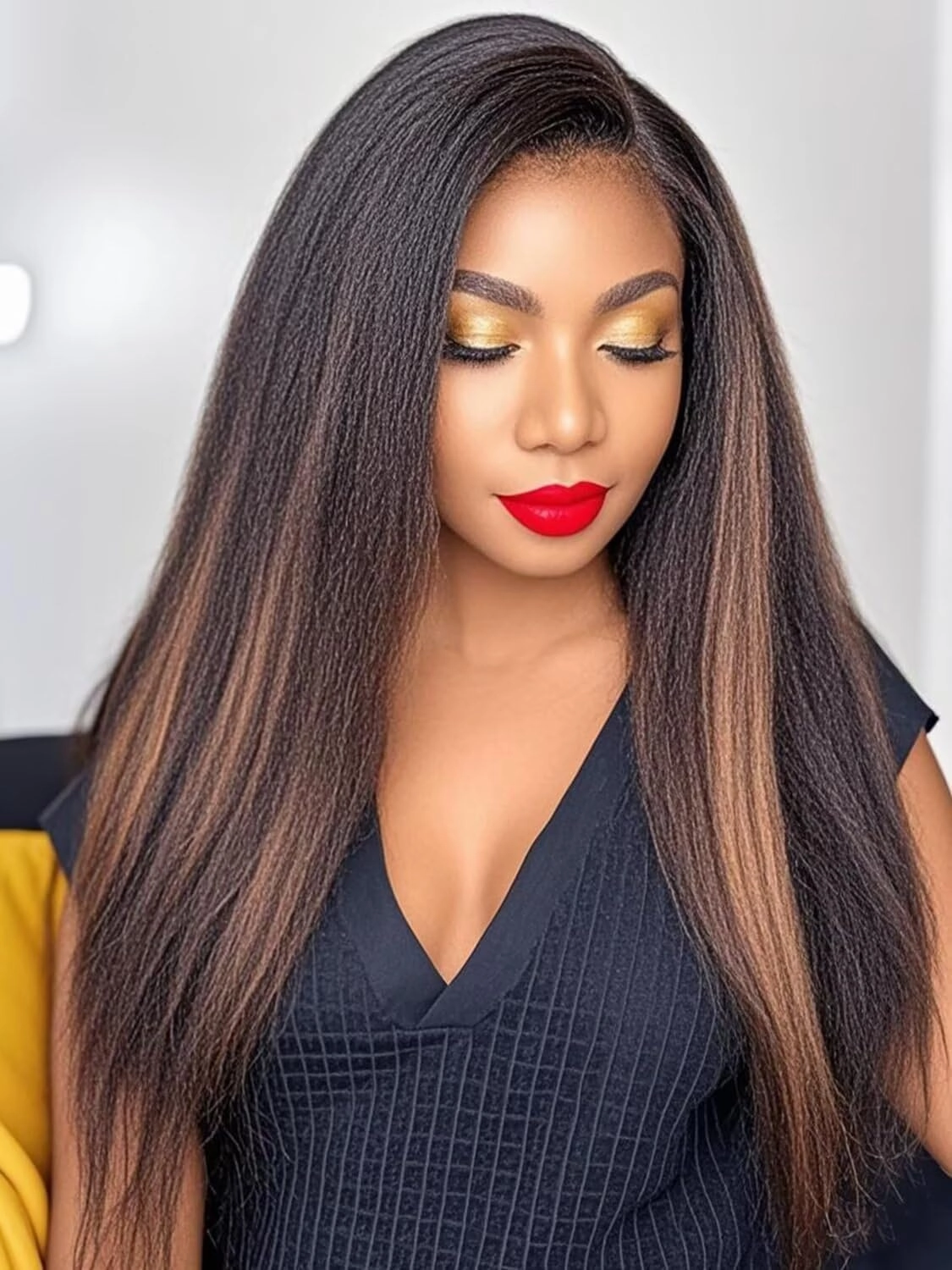 #1B/30 Ombre Brown Highlight Human Hair Kinky Straight Wigs 150% Density HD Invisible 13X6 Lace Front Wig with Baby Hair Bleached Knots Italian Yaki Lace Front Human Wigs Pre Plucked 18Inch