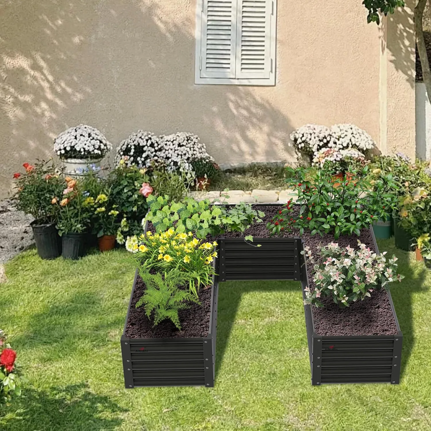A ANLEOLIFE U-Shaped Galvanized Raised Garden Beds Outdoor,6x6x1.5ft Large Metal Planter Box for Planting Vegetables Flowers Herb, Anti-Rust & Easy-Setup, Quartz Grey