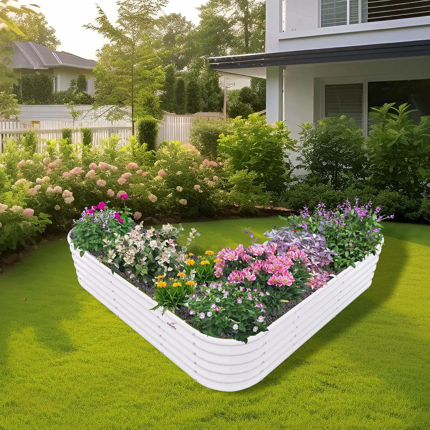 A ANLEOLIFE Heart-Shaped Galvanized Raised Garden Beds Outdoor,81x81x18in Large Metal Planter Box for Planting Vegetables Flowers Herb, Anti-Rust & Easy-Setup, Antique White