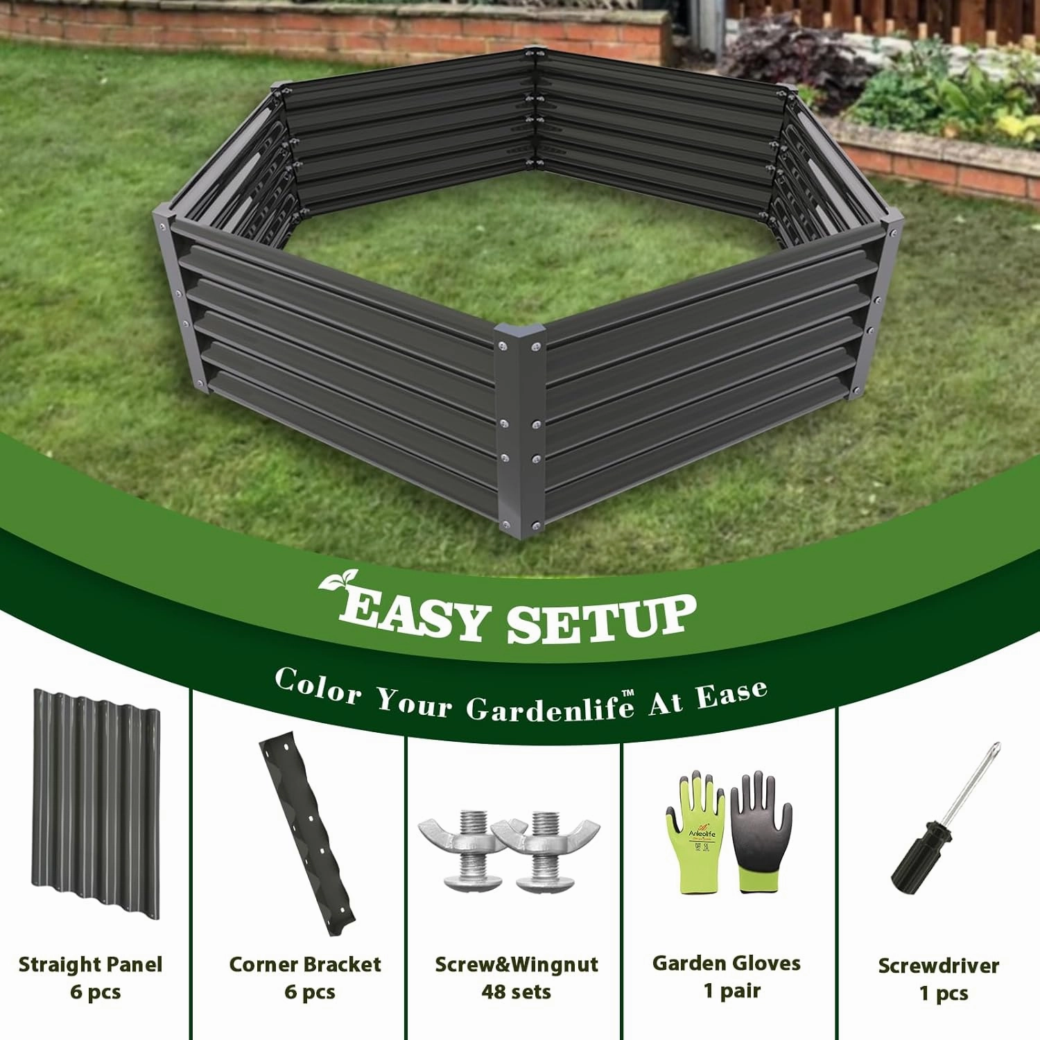 A ANLEOLIFE Hexagon Galvanized Raised Garden Beds Outdoor,70x60x18in Hex Metal Planter Box for Planting Vegetables Flowers Herb, Anti-Rust & Easy-Setup, Quartz Grey