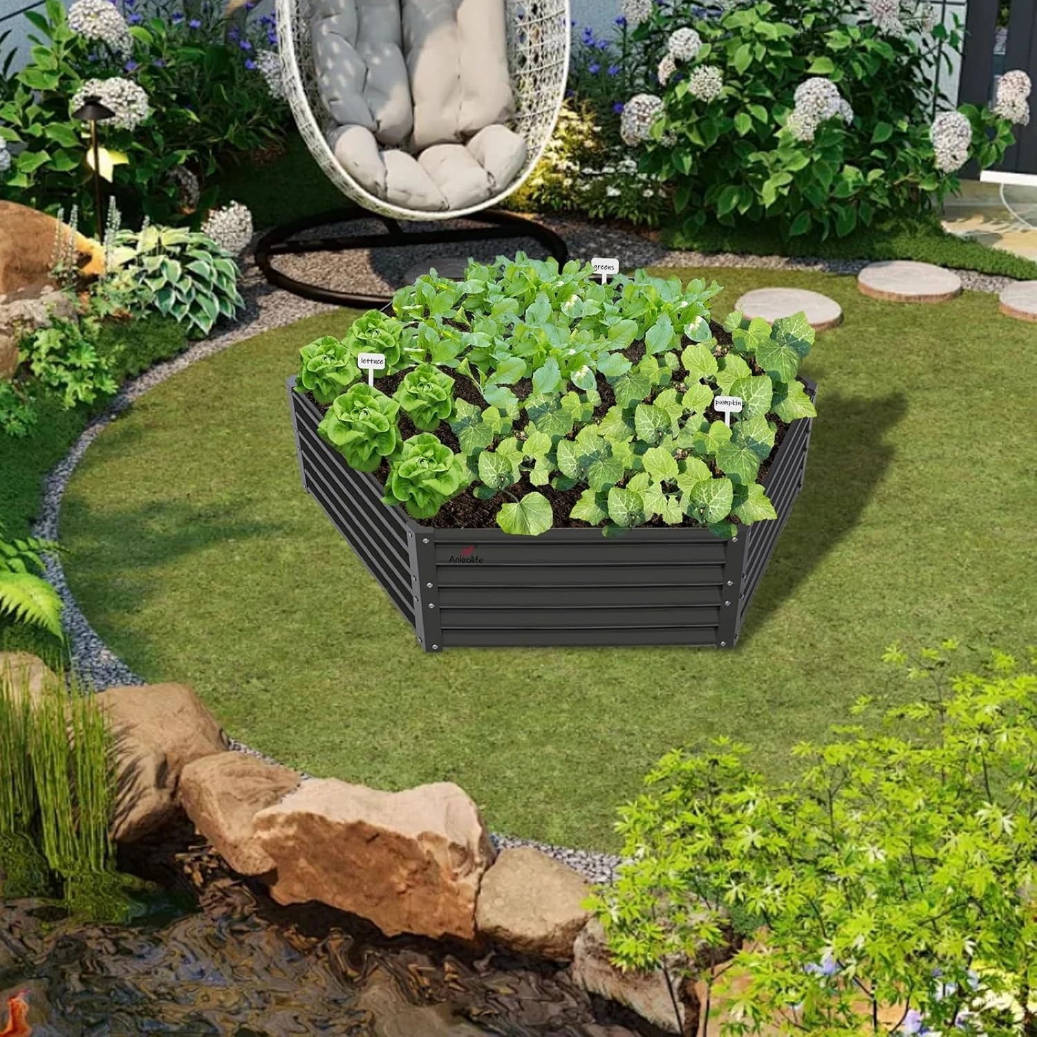 A ANLEOLIFE Hexagon Galvanized Raised Garden Beds Outdoor,70x60x18in Hex Metal Planter Box for Planting Vegetables Flowers Herb, Anti-Rust & Easy-Setup, Quartz Grey