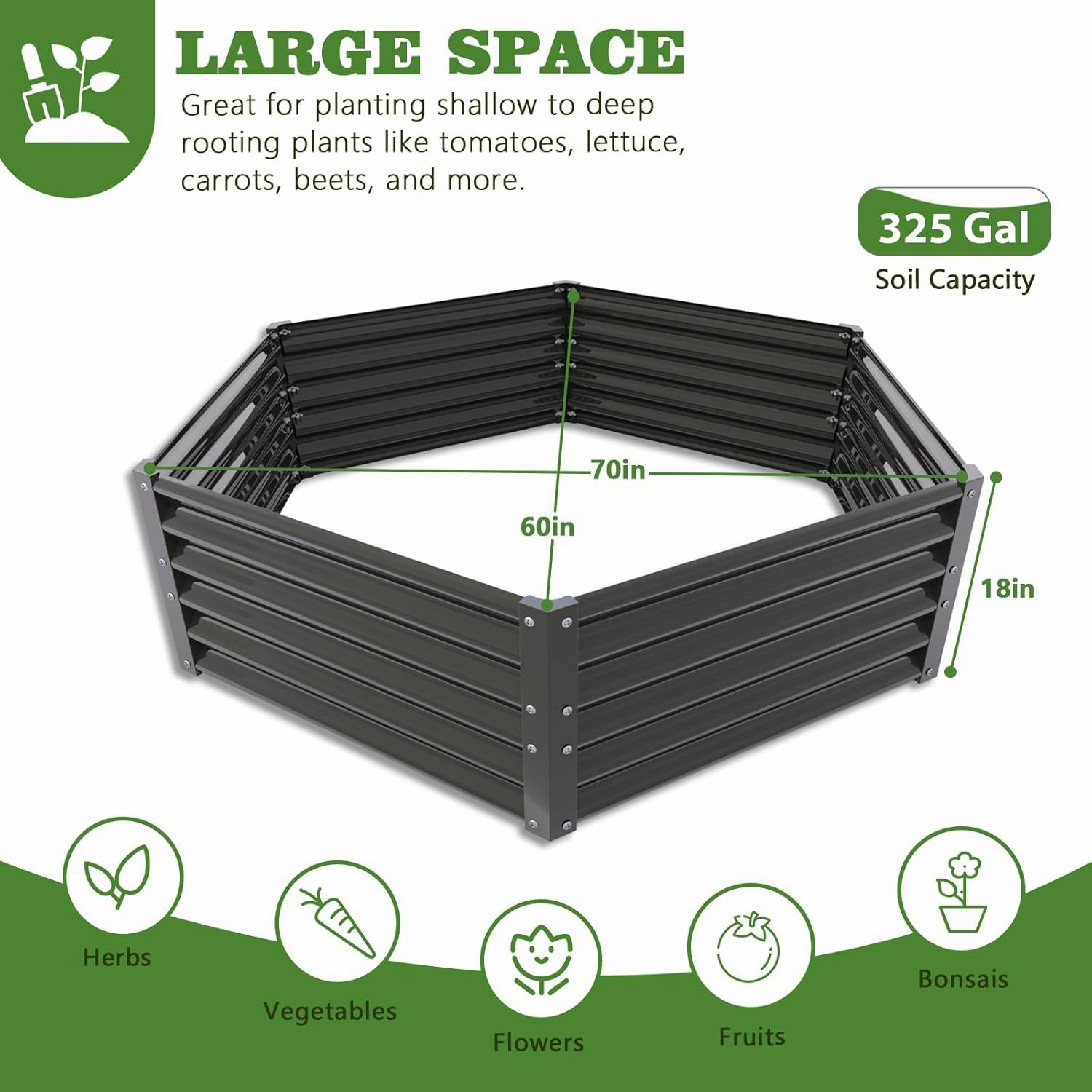 A ANLEOLIFE Hexagon Galvanized Raised Garden Beds Outdoor,70x60x18in Hex Metal Planter Box for Planting Vegetables Flowers Herb, Anti-Rust & Easy-Setup, Quartz Grey