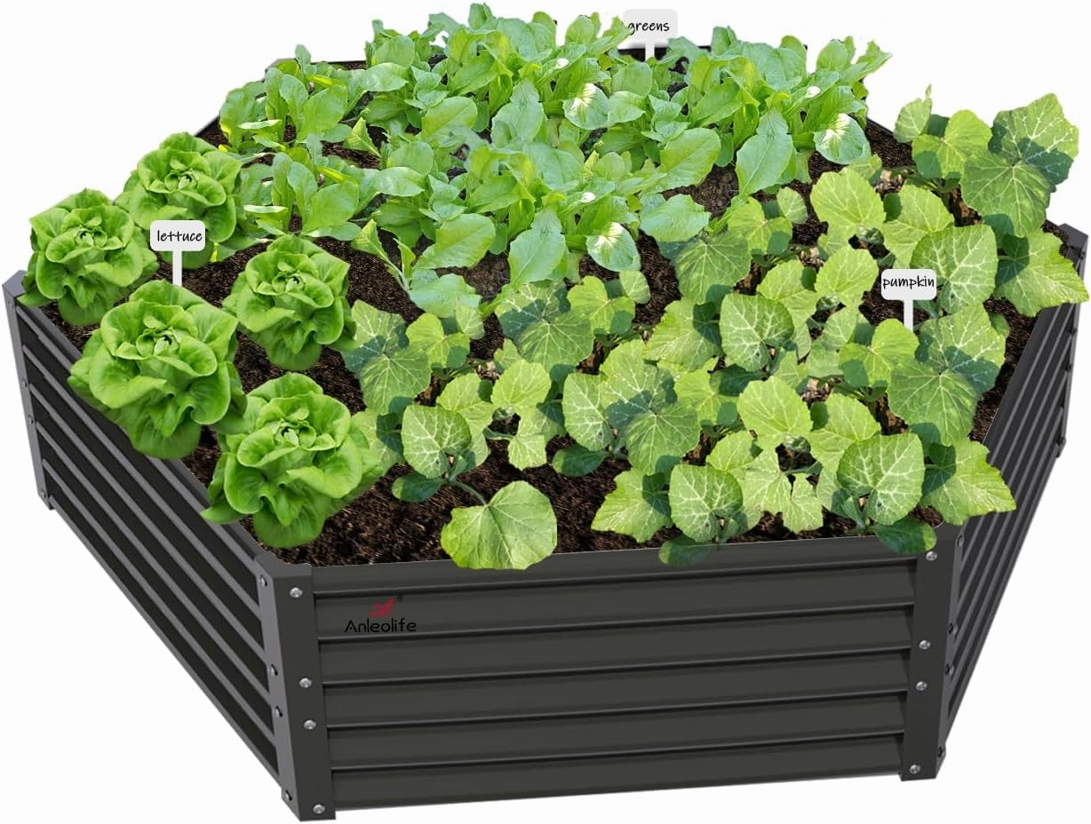 A ANLEOLIFE Hexagon Galvanized Raised Garden Beds Outdoor,70x60x18in Hex Metal Planter Box for Planting Vegetables Flowers Herb, Anti-Rust & Easy-Setup, Quartz Grey