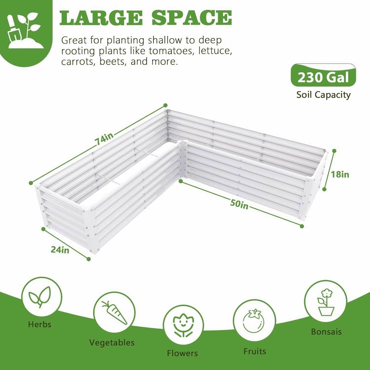 A ANLEOLIFE L-Shaped Galvanized Raised Garden Beds Outdoor,74x74x18in Large Metal Planter Box for Planting Vegetables Flowers Herb, Anti-Rust & Easy-Setup, Antique White