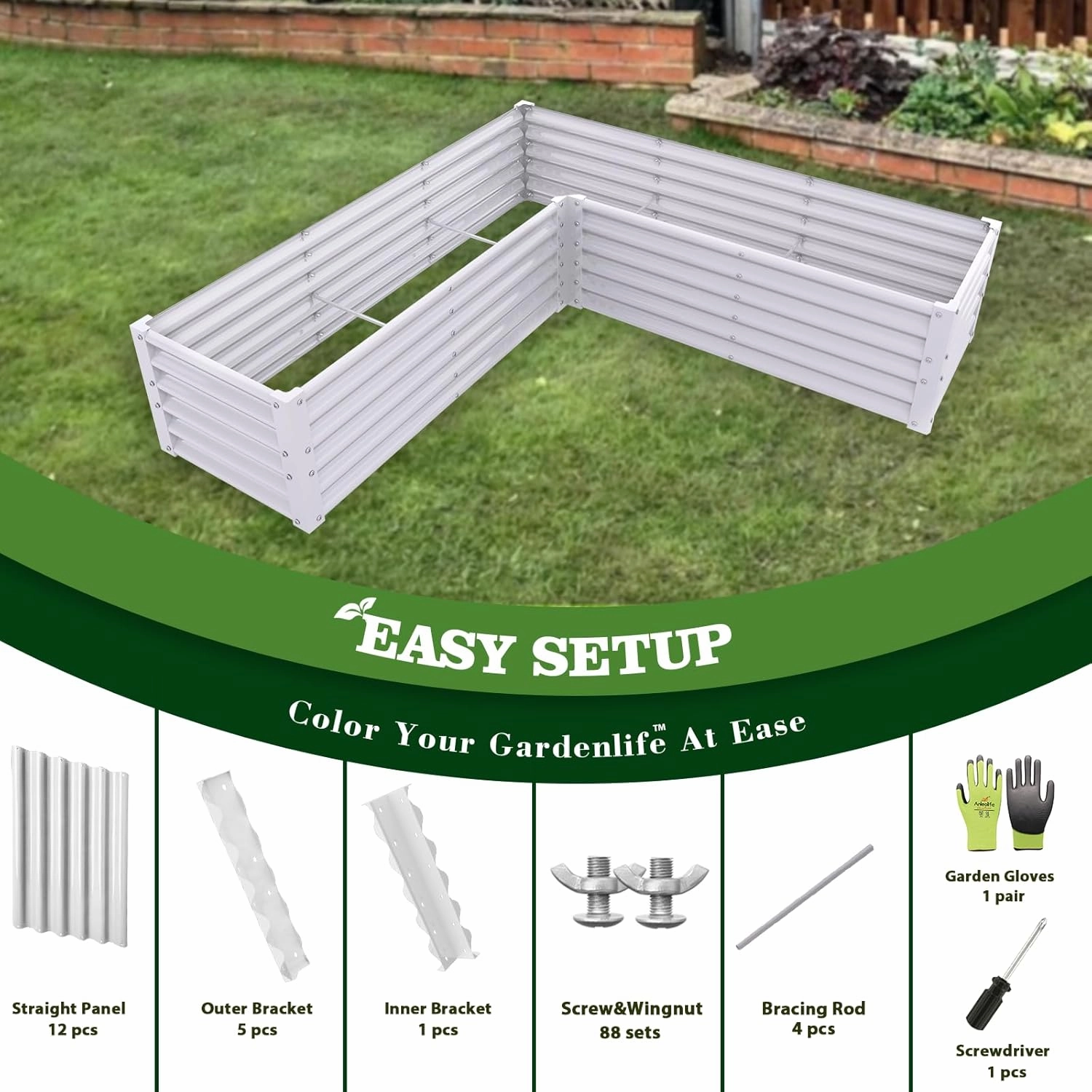 A ANLEOLIFE L-Shaped Galvanized Raised Garden Beds Outdoor,74x74x18in Large Metal Planter Box for Planting Vegetables Flowers Herb, Anti-Rust & Easy-Setup, Antique White