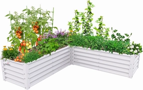 A ANLEOLIFE L-Shaped Galvanized Raised Garden Beds Outdoor,74x74x18in Large Metal Planter Box for Planting Vegetables Flowers Herb, Anti-Rust & Easy-Setup, Antique White