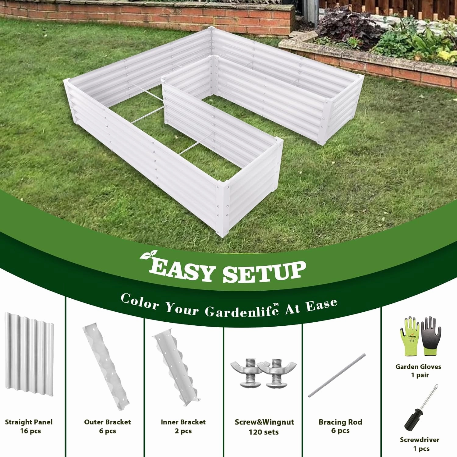A ANLEOLIFE U-Shaped Galvanized Raised Garden Beds Outdoor,6x6x1.5ft Large Metal Planter Box for Planting Vegetables Flowers Herb, Anti-Rust & Easy-Setup, Antique White