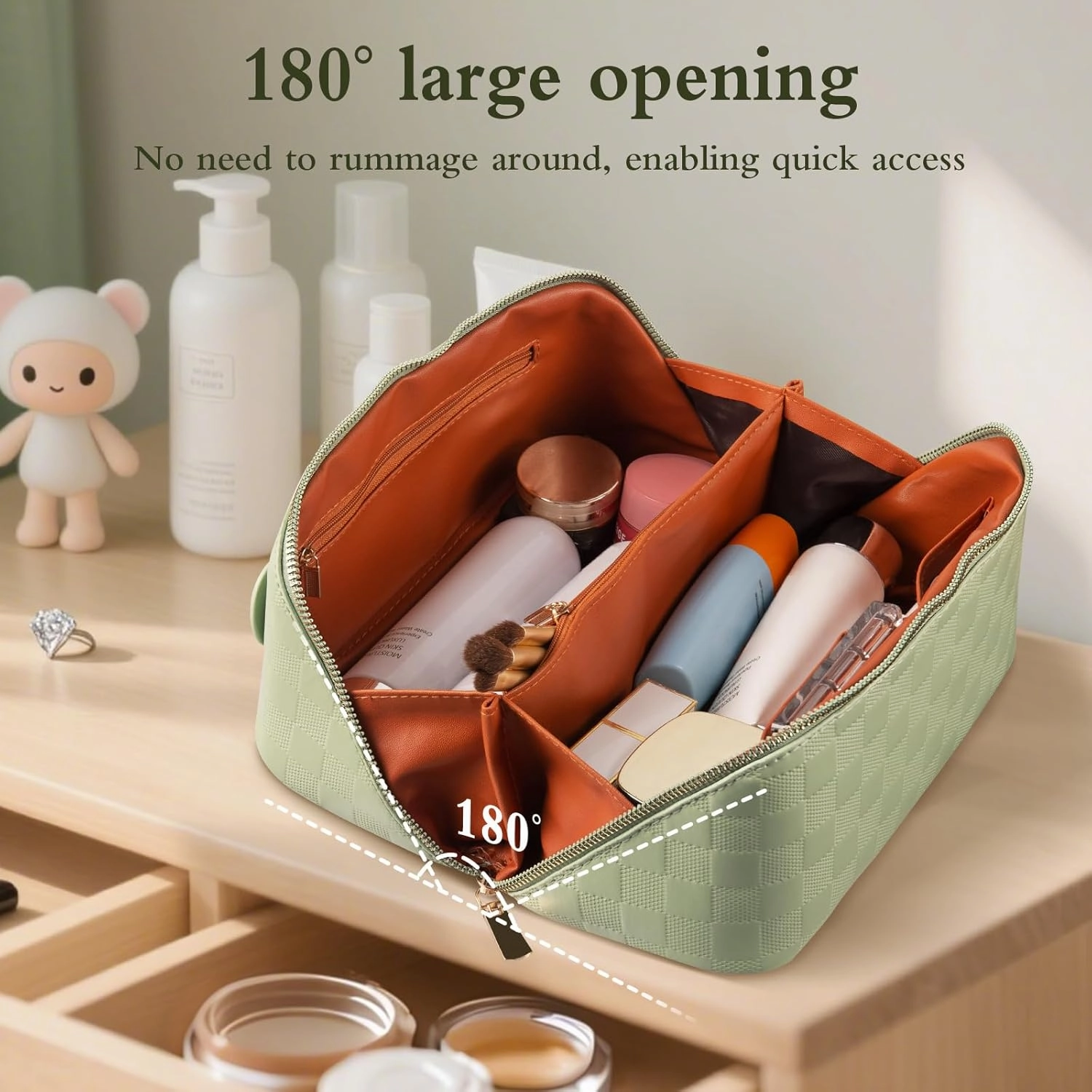 Abiudeng Travel Makeup Bag,Large Capacity Cosmetic Bags Toiletry Bag for Travel Essentials,Waterproof Portable Pouch Open Flat Makeup bag Organizer with Divider and Handle(Checkered-Green)