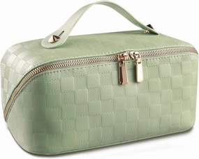 Abiudeng Travel Makeup Bag,Large Capacity Cosmetic Bags Toiletry Bag for Travel Essentials,Waterproof Portable Pouch Open Flat Makeup bag Organizer with Divider and Handle(Checkered-Green)