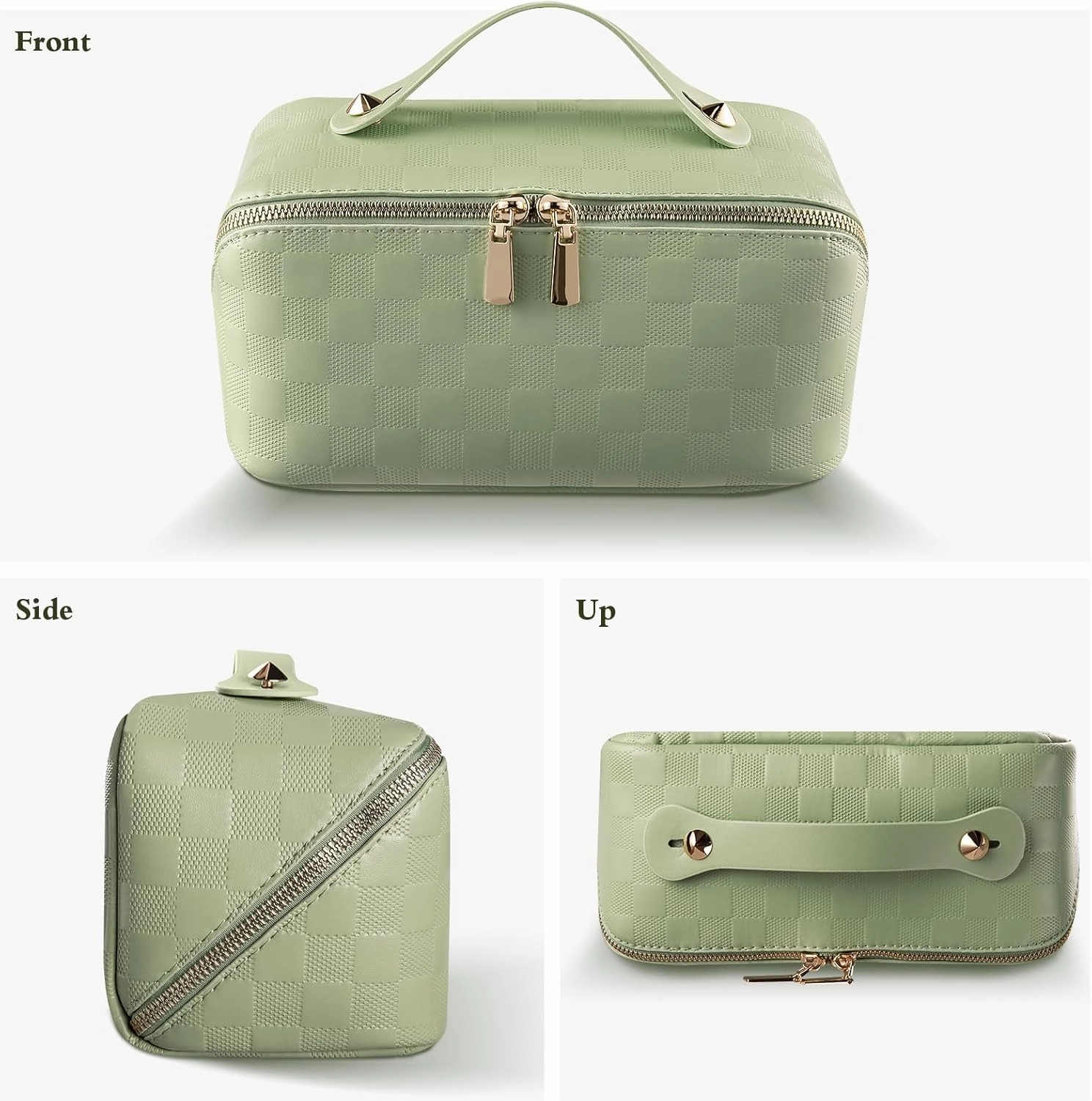 Abiudeng Travel Makeup Bag,Large Capacity Cosmetic Bags Toiletry Bag for Travel Essentials,Waterproof Portable Pouch Open Flat Makeup bag Organizer with Divider and Handle(Checkered-Green)