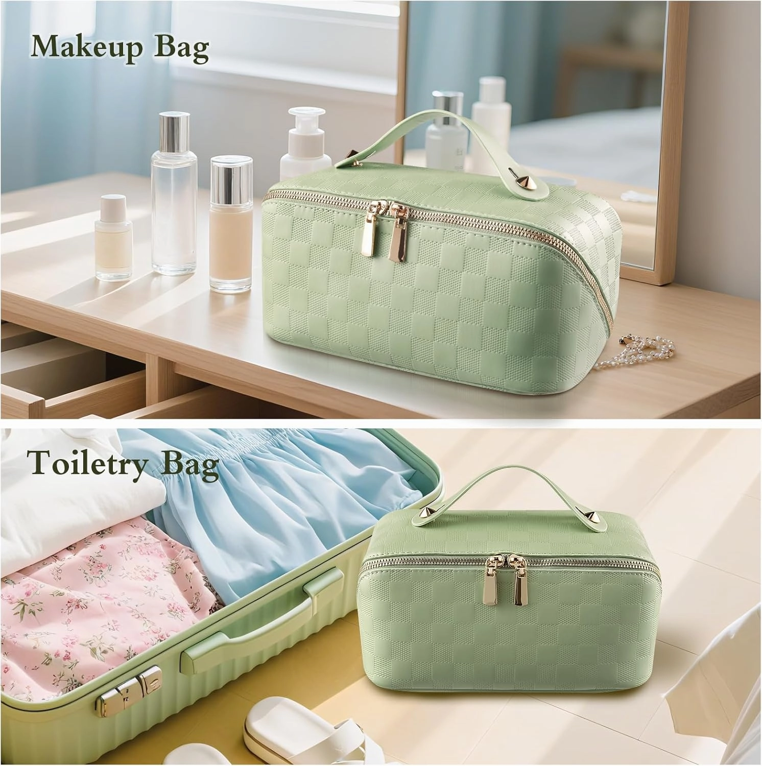 Abiudeng Travel Makeup Bag,Large Capacity Cosmetic Bags Toiletry Bag for Travel Essentials,Waterproof Portable Pouch Open Flat Makeup bag Organizer with Divider and Handle(Checkered-Green)
