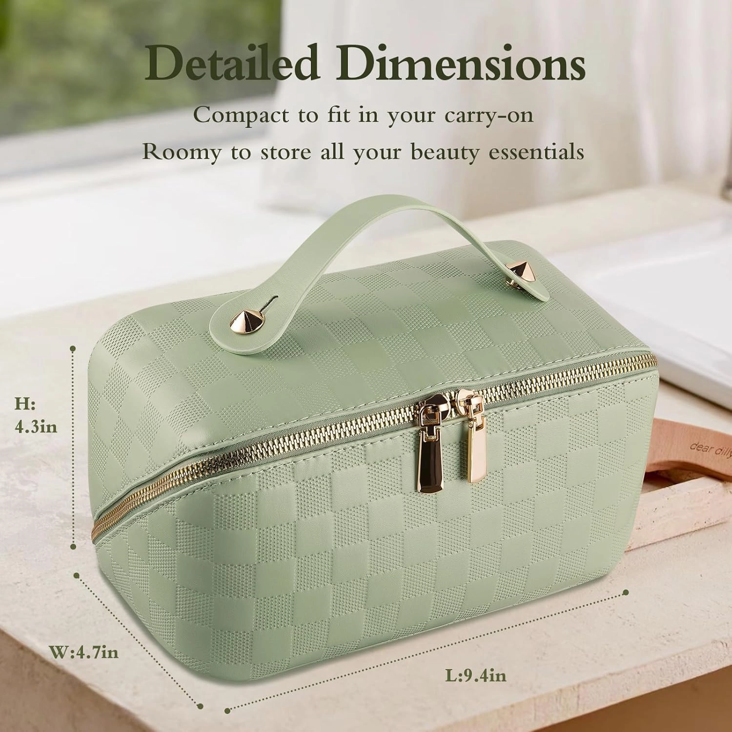 Abiudeng Travel Makeup Bag,Large Capacity Cosmetic Bags Toiletry Bag for Travel Essentials,Waterproof Portable Pouch Open Flat Makeup bag Organizer with Divider and Handle(Checkered-Green)