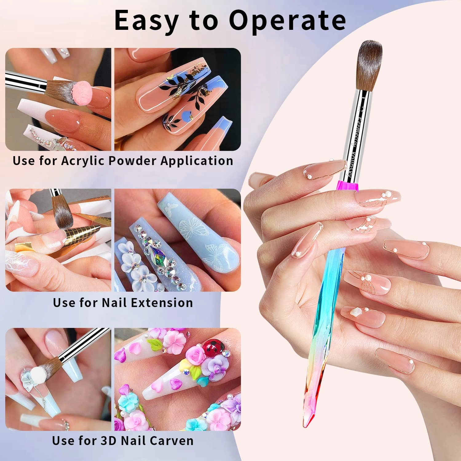 Acrylic Nail Brush - Kolinsky Acrylic Brushes, Size 12, Crimped Oval Crystal Handle Powder Brush, Professional Nail Art Manicure Tool and DIY Home Salon