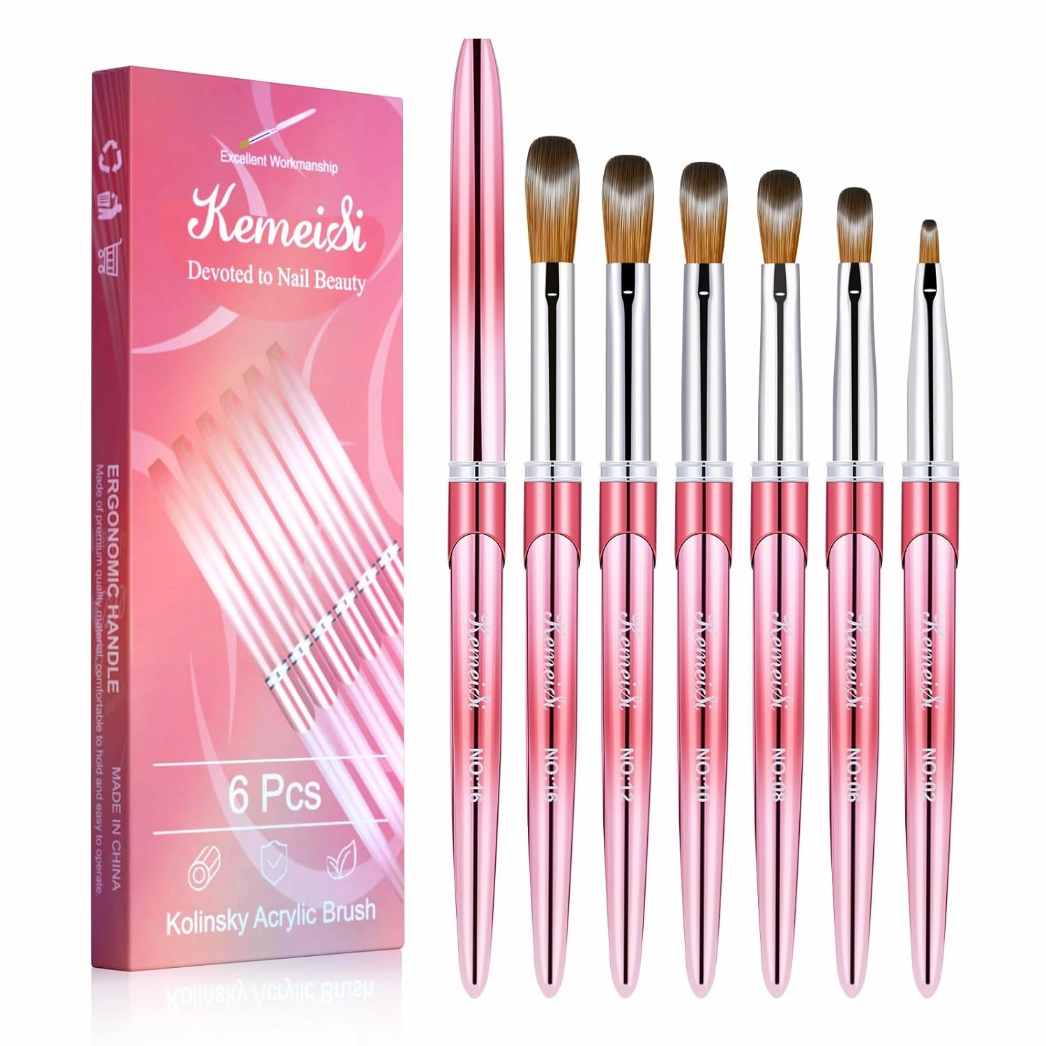 Acrylic Nail Brush Set, Size 02/06/08/10/12/16 Kolinsky Nail Art Brushes for Acrylic Application, Sturdy Handle Oval Shaped Acrylic Powder Nail Design Tools for Professional Manicure DIY Home
