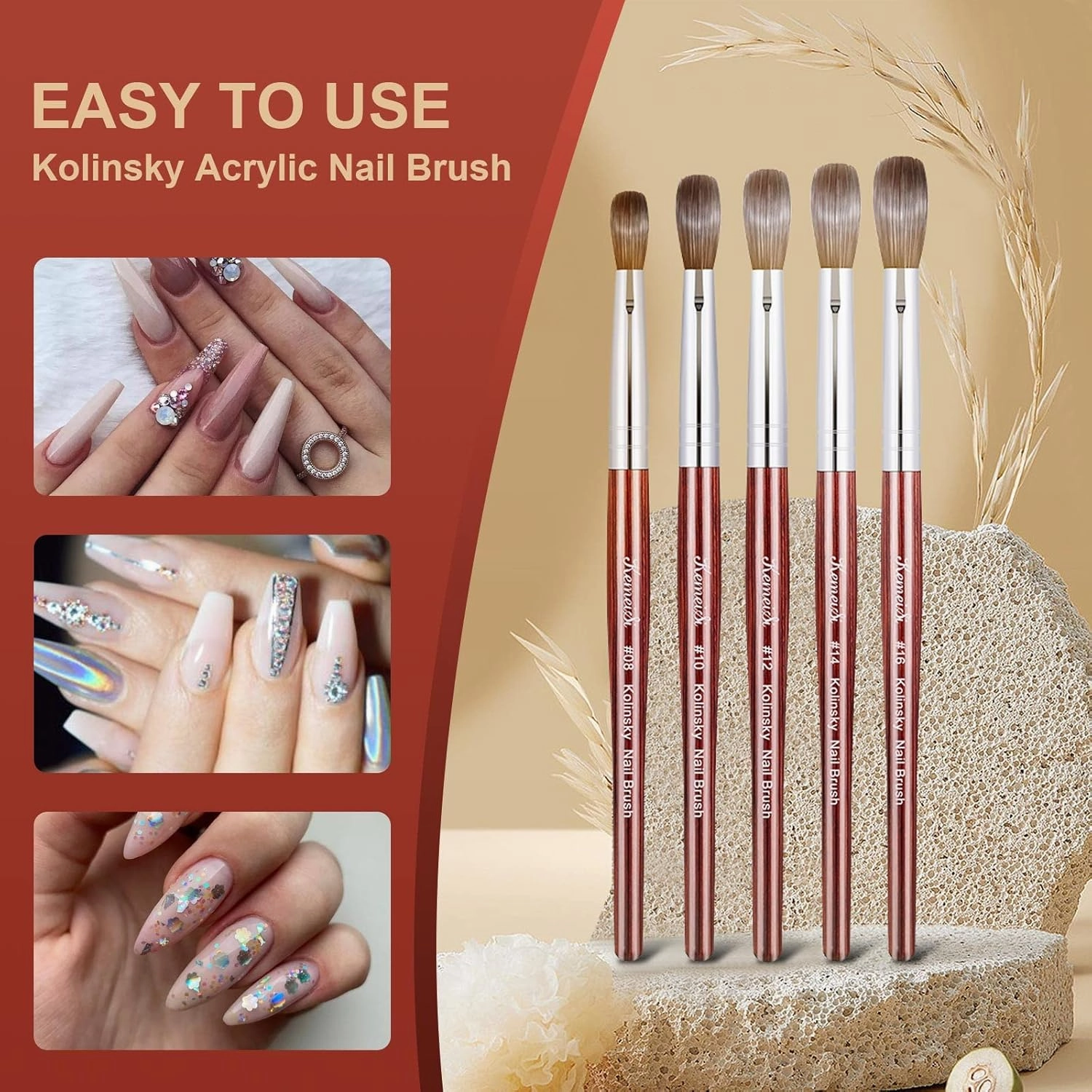 Acrylic Nail Brush Size 12,KEMEISI 100% Pure Kolinsky Nail Art Brushes Wood Handle Oval Shaped Acrylic Powder Nail Design Tools for Professional Manicure DIY Home Salon (Red)