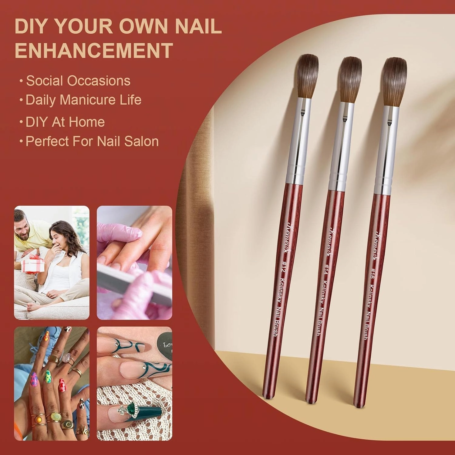 Acrylic Nail Brush Size 12,KEMEISI 100% Pure Kolinsky Nail Art Brushes Wood Handle Oval Shaped Acrylic Powder Nail Design Tools for Professional Manicure DIY Home Salon (Red)