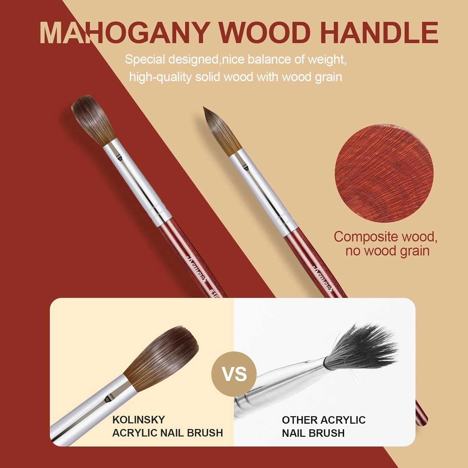 Acrylic Nail Brush Size 12,KEMEISI 100% Pure Kolinsky Nail Art Brushes Wood Handle Oval Shaped Acrylic Powder Nail Design Tools for Professional Manicure DIY Home Salon (Red)