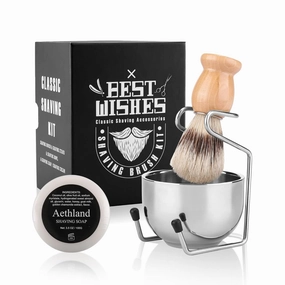 Aethland Shaving Brush Set for Men, 4 in1 Include 100g Shaving soap, Badger Shaving Brush and Stainless Steel Shaving Stand & Shaving Bowl for Husband Birthday Boyfriend Father's Day Gifts（Upgrade W)