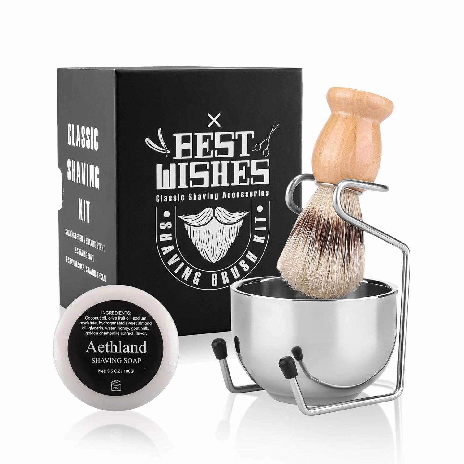Aethland Shaving Brush Set for Men, 4 in1 Include 100g Shaving soap, Badger Shaving Brush and Stainless Steel Shaving Stand & Shaving Bowl for Husband Birthday Boyfriend Father's Day Gifts（Upgrade W)